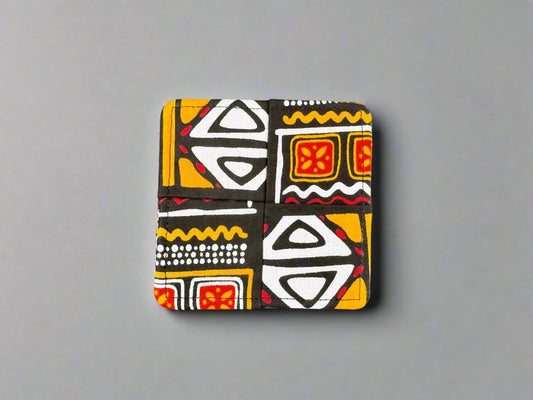 Ethnic, Fabric, Patterned, Handmade Black, Orange, Yellow, Red, and White Coasters - Gezia Accents