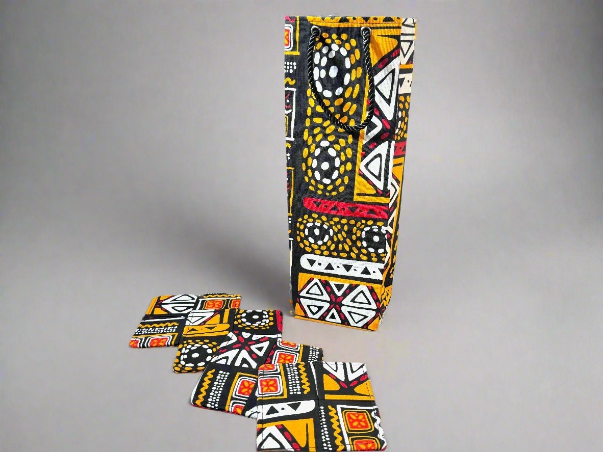 Ethnic, Fabric, Patterned, Handmade Black, Orange, Yellow, Red, and White Coasters - Gezia Accents