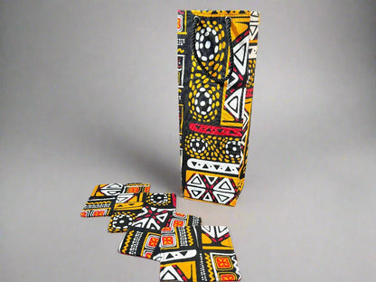 Ethnic, Fabric, Patterned, Handmade Black, Orange, Yellow, Red, and White Coasters - Gezia Accents