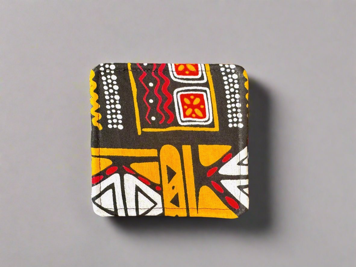 Ethnic, Fabric, Patterned, Handmade Black, Orange, Yellow, Red, and White Coasters - Gezia Accents