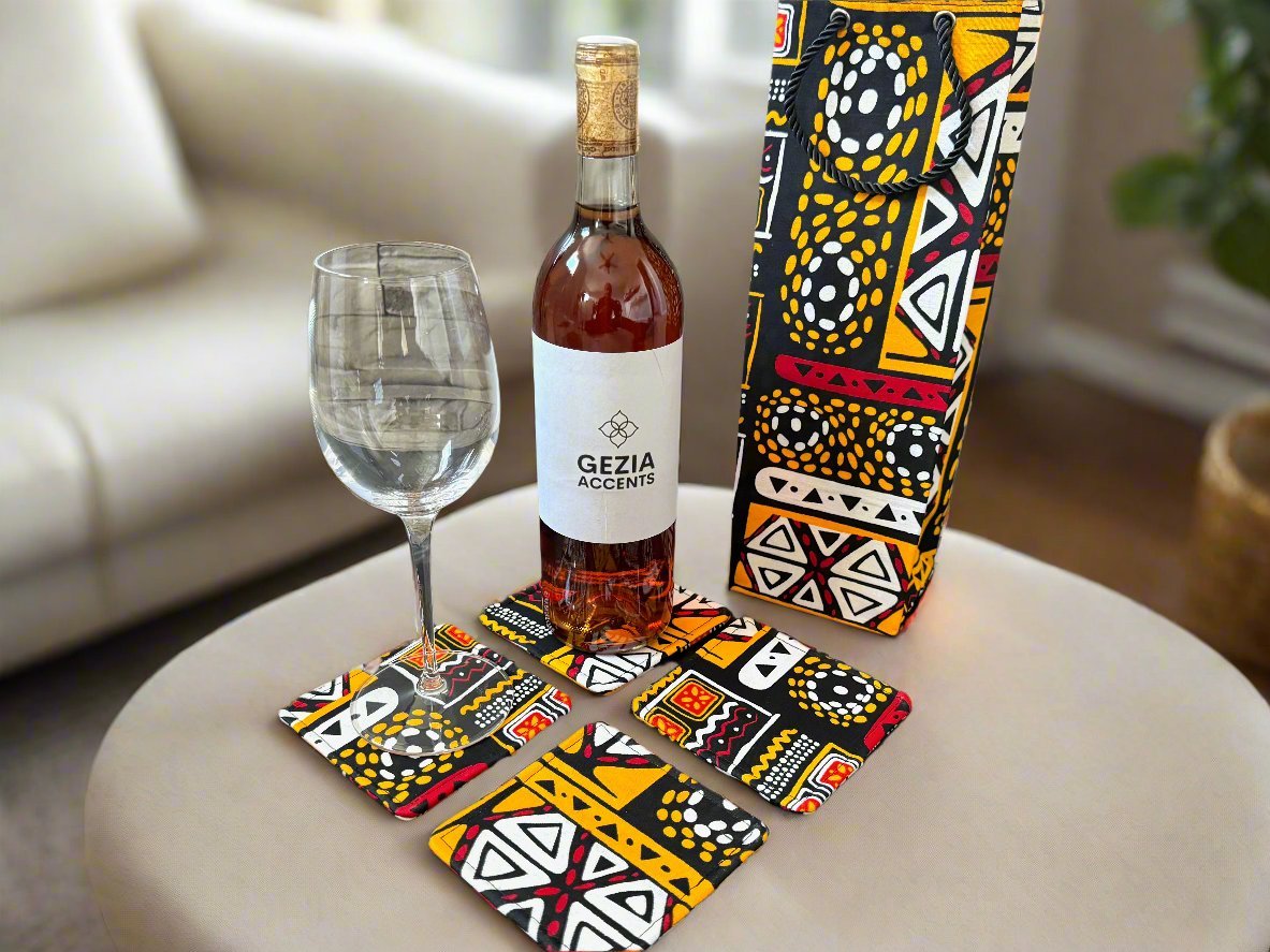 Ethnic, Fabric, Patterned, Handmade Black, Orange, Yellow, Red, and White Coasters - Gezia Accents