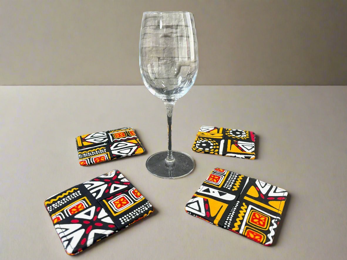 Ethnic, Fabric, Patterned, Handmade Black, Orange, Yellow, Red, and White Coasters - Gezia Accents