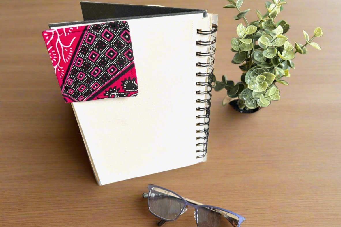 Ethnic, Fabric, Patterned, Handmade Black, Pink, and White Bookmark - Gezia Accents