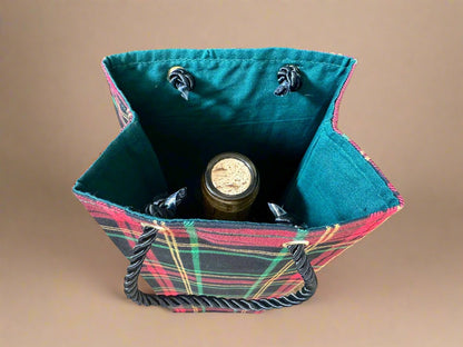 Ethnic, Fabric, Patterned, Handmade Black, Red, Gold, and Green Wine Gift Bag - Gezia Accents