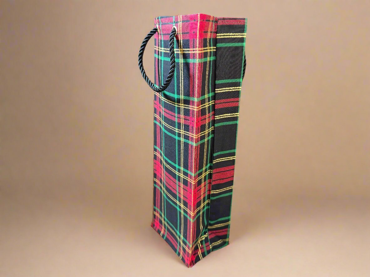 Ethnic, Fabric, Patterned, Handmade Black, Red, Gold, and Green Wine Gift Bag - Gezia Accents