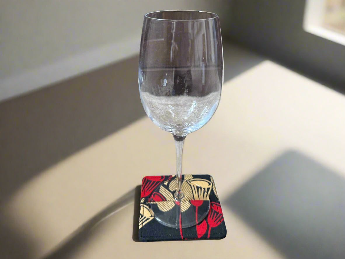 Ethnic, Fabric, Patterned, Handmade Black, Tan, and Red Coasters - Gezia Accents