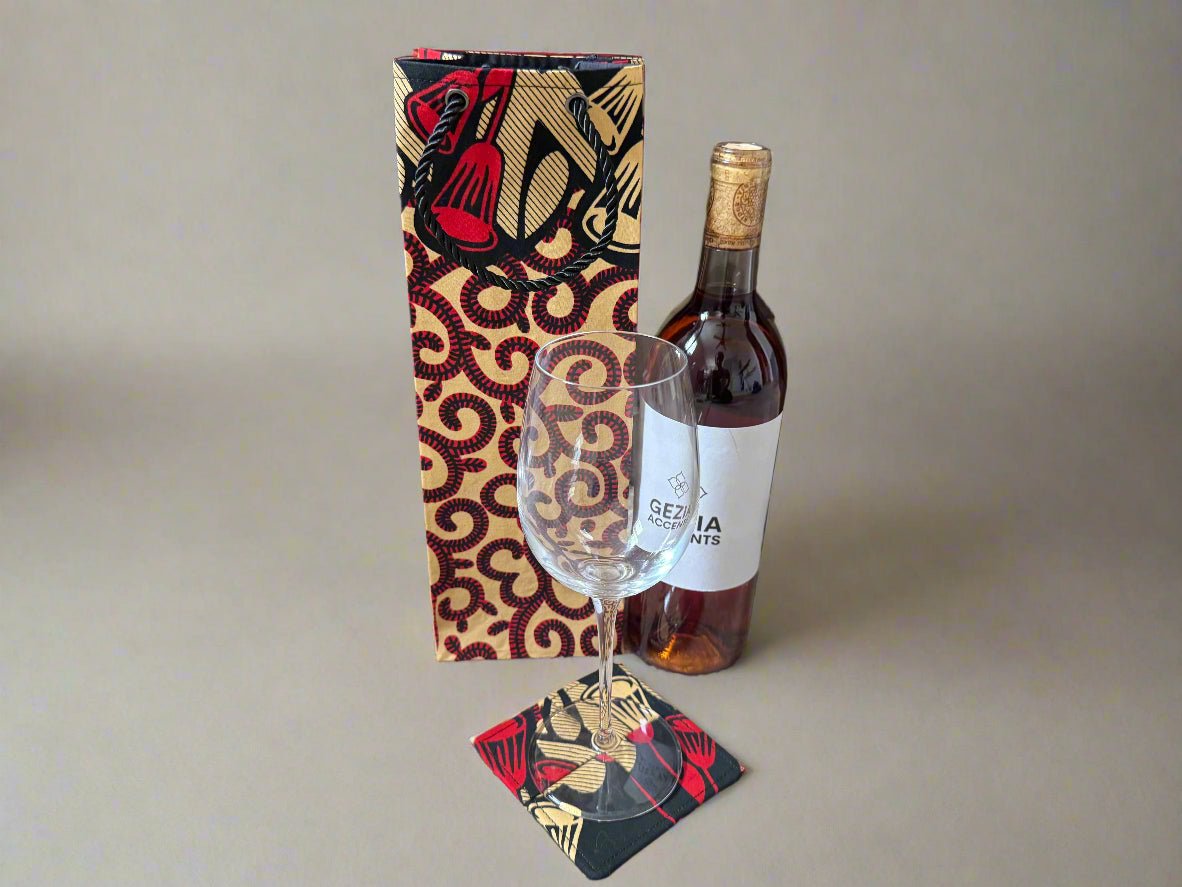 Ethnic, Fabric, Patterned, Handmade Black, Tan, and Red Coasters - Gezia Accents