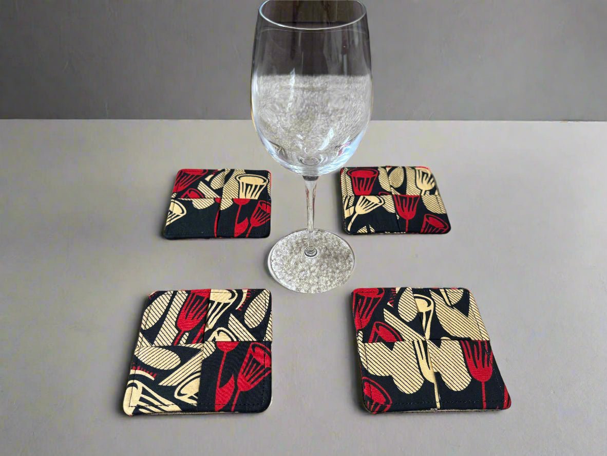 Ethnic, Fabric, Patterned, Handmade Black, Tan, and Red Coasters - Gezia Accents