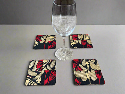 Ethnic, Fabric, Patterned, Handmade Black, Tan, and Red Coasters - Gezia Accents
