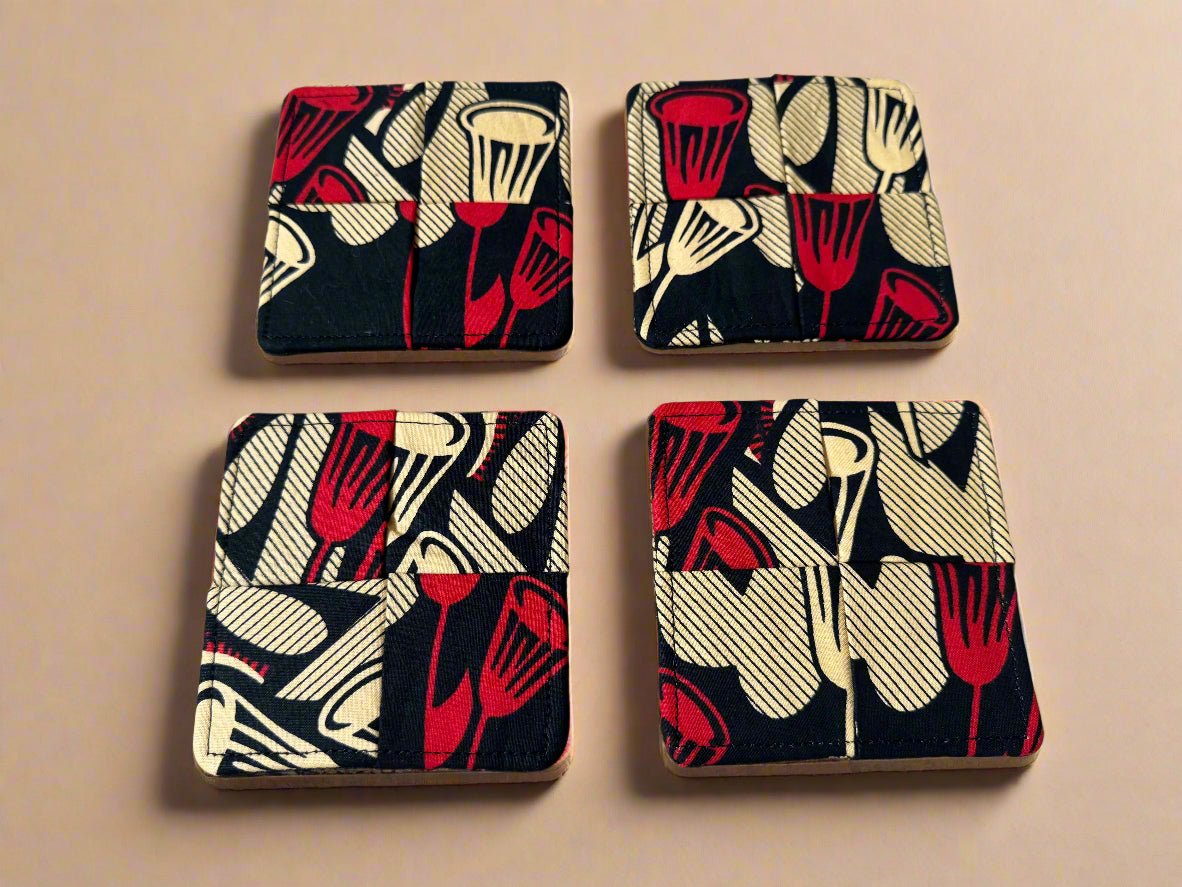 Ethnic, Fabric, Patterned, Handmade Black, Tan, and Red Coasters - Gezia Accents