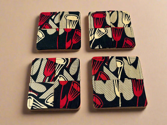 Ethnic, Fabric, Patterned, Handmade Black, Tan, and Red Coasters - Gezia Accents