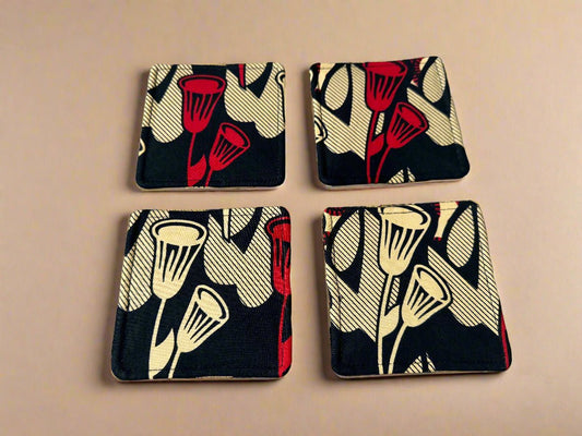 Ethnic, Fabric, Patterned, Handmade Black, Tan, and Red Coasters - Gezia Accents