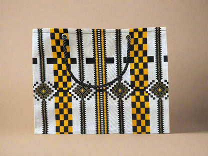 Ethnic, Fabric, Patterned, Handmade Black, White, and Gold Small Wardrobe Bag - Gezia Accents