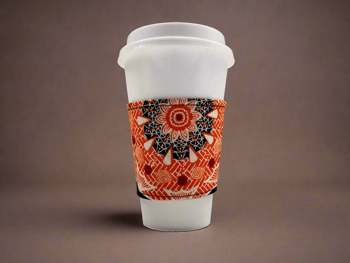 Ethnic, Fabric, Patterned, Handmade Black, White, and Orange Cup Sleeve - Gezia Accents