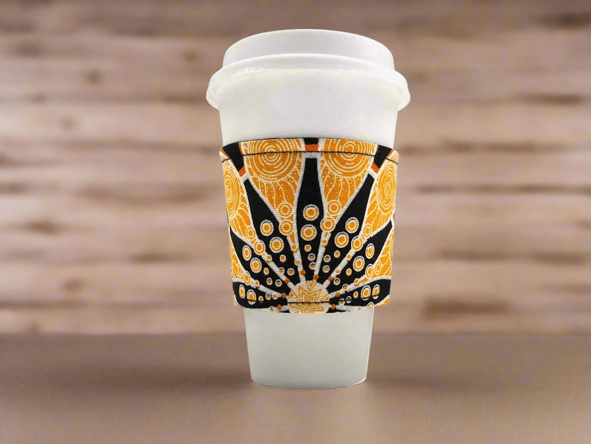 Ethnic, Fabric, Patterned, Handmade Black, White, and Orange Cup Sleeve - Gezia Accents