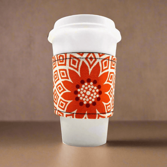 Ethnic, Fabric, Patterned, Handmade Black, White, and Orange Cup Sleeve - Gezia Accents