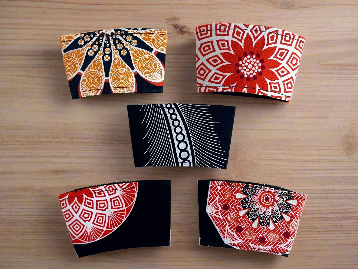 Ethnic, Fabric, Patterned, Handmade Black, White, and Orange Cup Sleeve - Gezia Accents