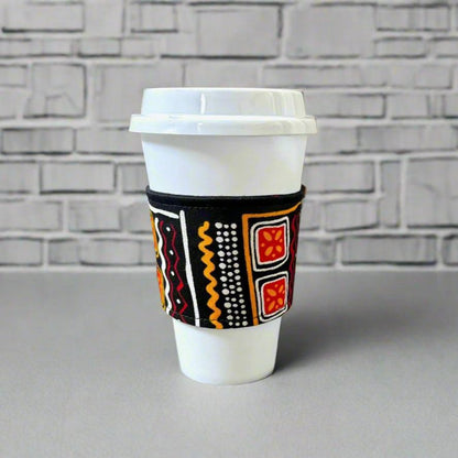 Ethnic, Fabric, Patterned, Handmade Black, White, Red and Orange Cup Sleeve - Gezia Accents