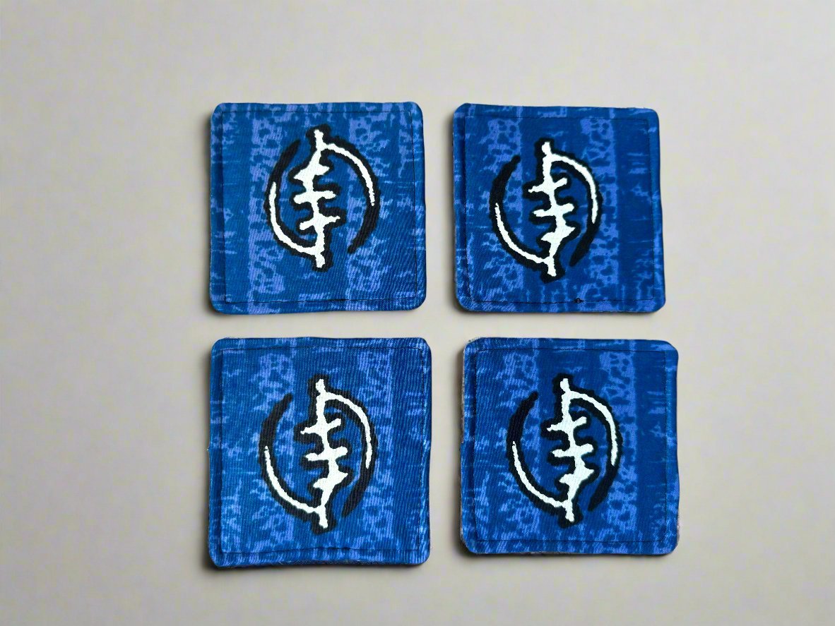 Ethnic, Fabric, Patterned, Handmade Blue, Black, and White Coasters - Gezia Accents