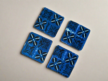 Ethnic, Fabric, Patterned, Handmade Blue, Black, and White Coasters - Gezia Accents
