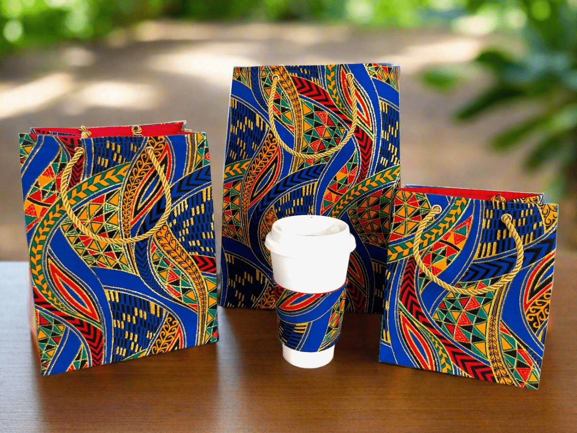 Ethnic, Fabric, Patterned, Handmade Blue, Black, Green, Red, Orange and Gold Gift Bag - Gezia Accents