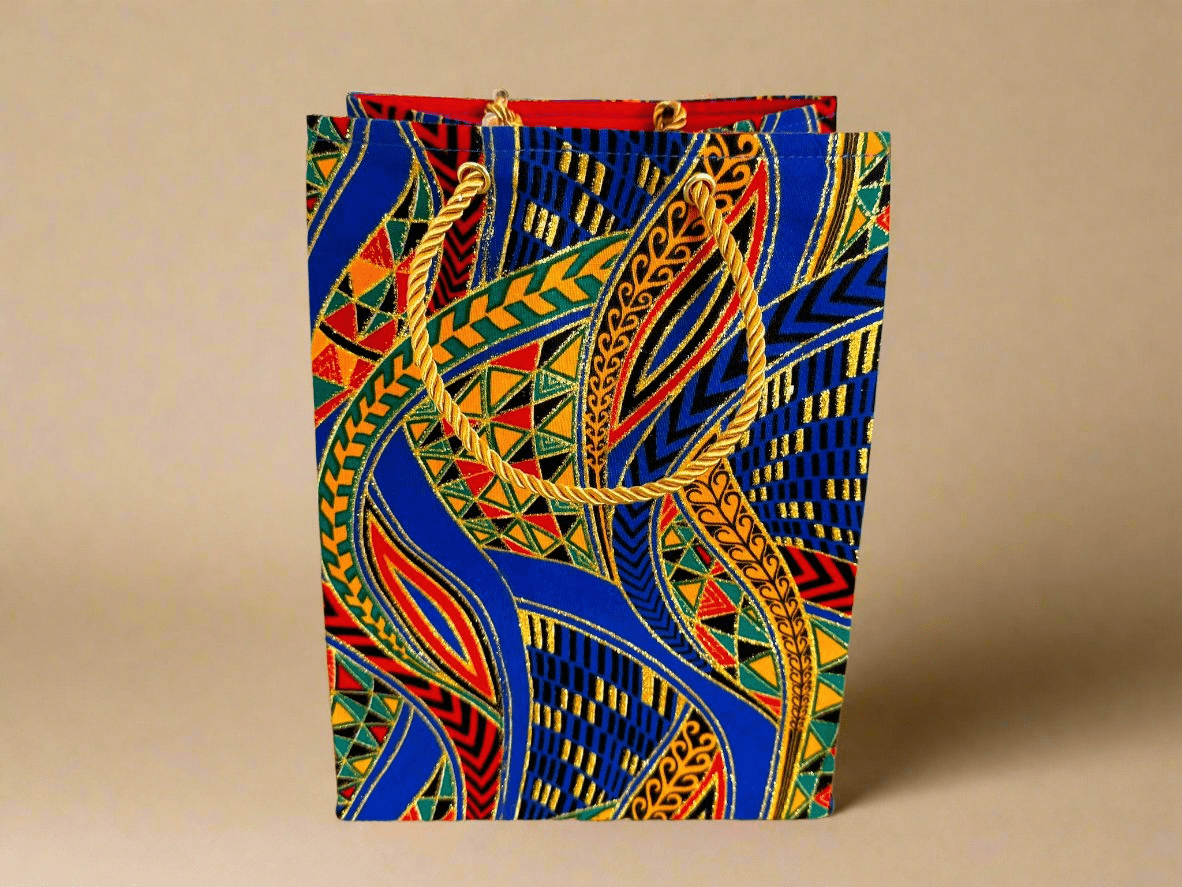 Ethnic, Fabric, Patterned, Handmade Blue, Black, Green, Red, Orange and Gold Gift Bag - Gezia Accents