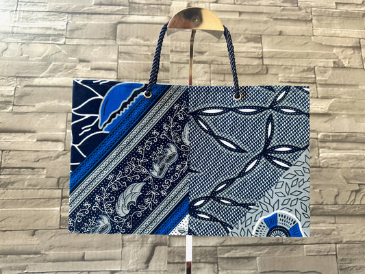 Ethnic, Fabric, Patterned, Handmade Blue, Gray, Black, and White Medium Horizontal Bag - Gezia Accents