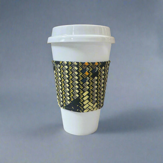 Ethnic, Fabric, Patterned, Handmade Blue, Maroon and Yellow Cup Sleeve - Gezia Accents