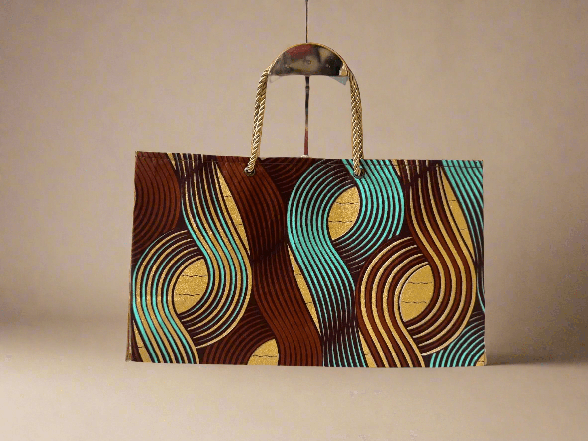 Ethnic, Fabric, Patterned, Handmade Brown, Turquoise, Black, and Gold Medium Horizontal Bag - Gezia Accents