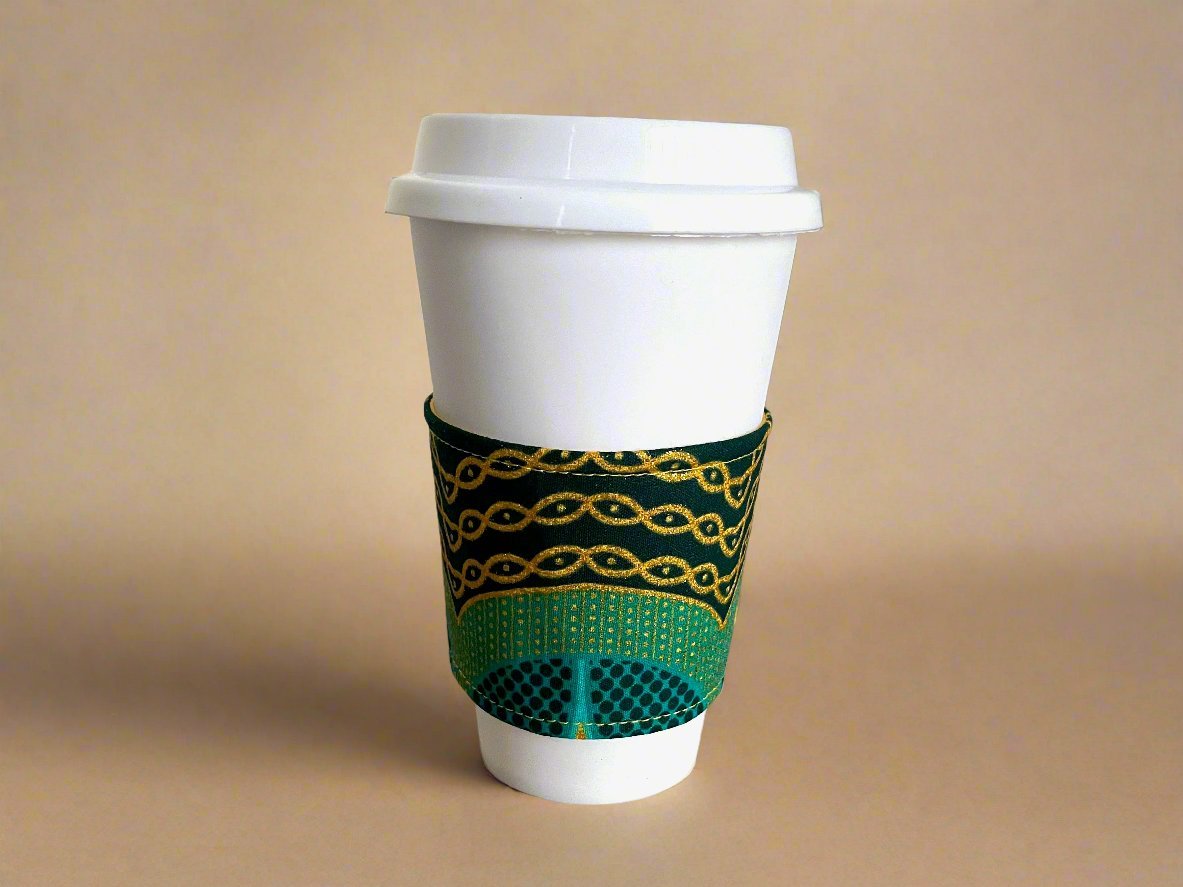 Ethnic, Fabric, Patterned, Handmade Dark and Light Green and Gold Cup Sleeve - Gezia Accents