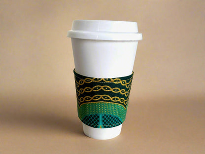 Ethnic, Fabric, Patterned, Handmade Dark and Light Green and Gold Cup Sleeve - Gezia Accents