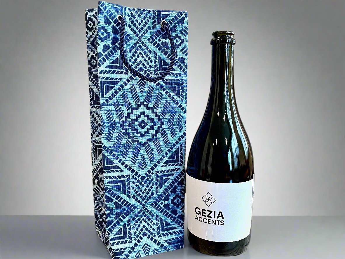 Ethnic, Fabric, Patterned, Handmade Dark Blue and Light Blue Wine Gift Bag - Gezia Accents