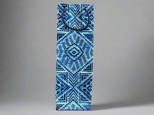 Ethnic, Fabric, Patterned, Handmade Dark Blue and Light Blue Wine Gift Bag - Gezia Accents