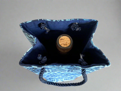 Ethnic, Fabric, Patterned, Handmade Dark Blue and Light Blue Wine Gift Bag - Gezia Accents