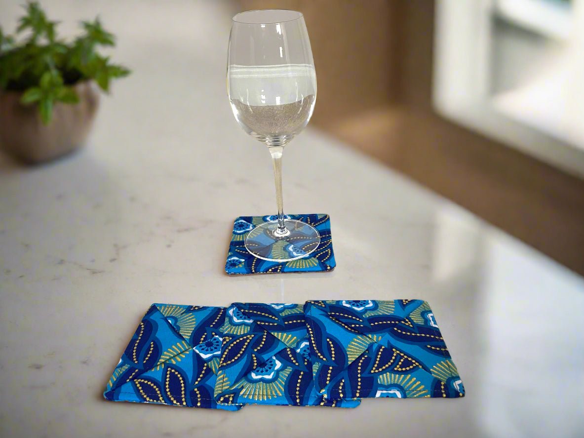 Ethnic, Fabric, Patterned, Handmade Dark Blue, Light Blue, Blue, White and Gold Coasters - Gezia Accents