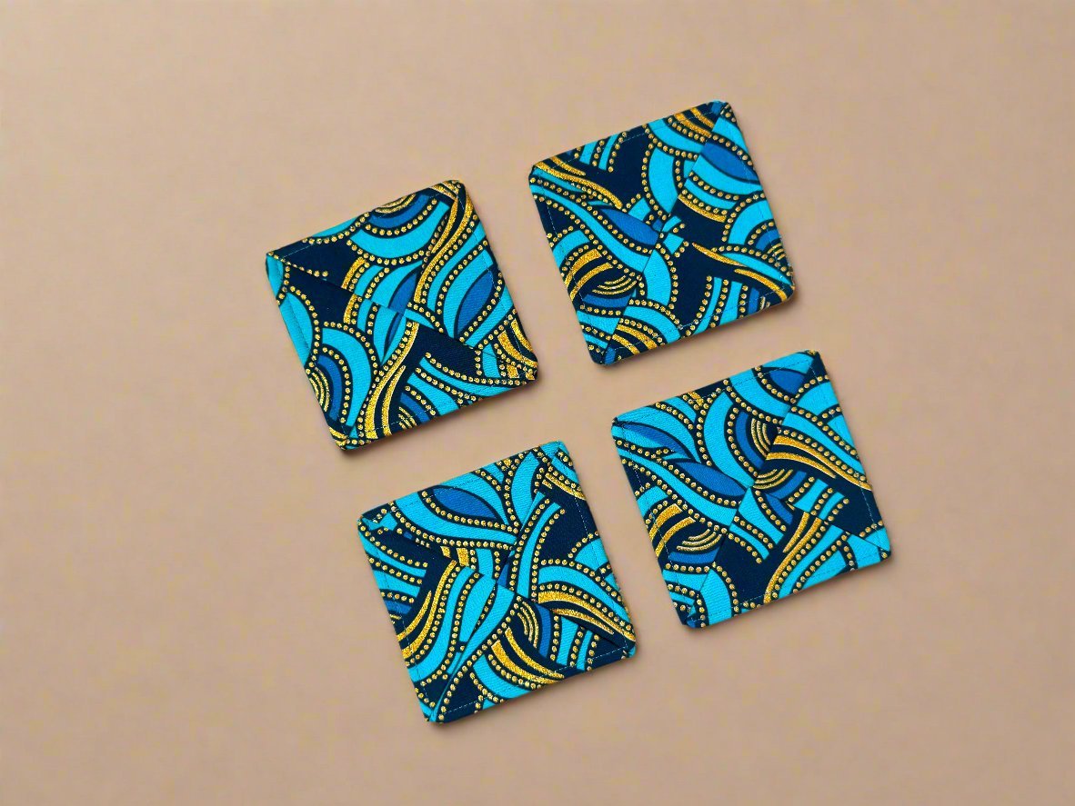 Ethnic, Fabric, Patterned, Handmade Dark Blue, Turqoiuse, and Gold Coasters - Gezia Accents