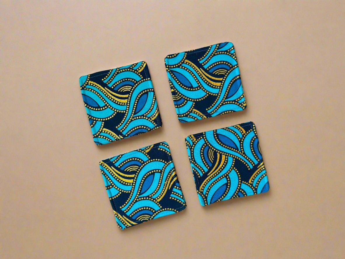 Ethnic, Fabric, Patterned, Handmade Dark Blue, Turqoiuse, and Gold Coasters - Gezia Accents