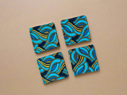 Ethnic, Fabric, Patterned, Handmade Dark Blue, Turqoiuse, and Gold Coasters - Gezia Accents