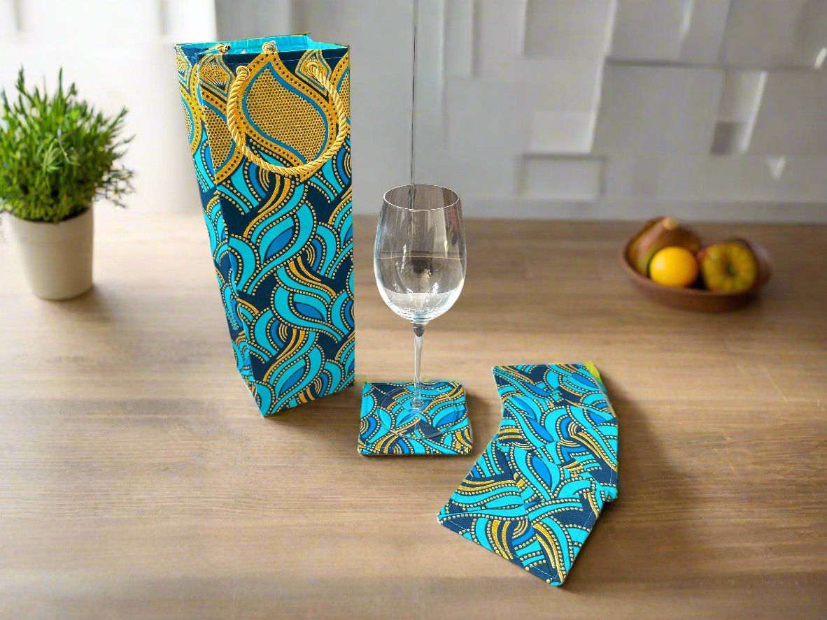 Ethnic, Fabric, Patterned, Handmade Dark Blue, Turqoiuse, and Gold Coasters - Gezia Accents