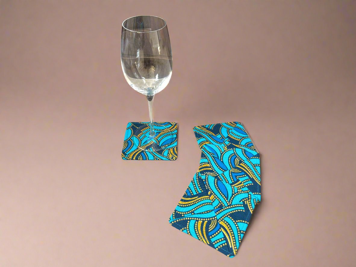 Ethnic, Fabric, Patterned, Handmade Dark Blue, Turqoiuse, and Gold Coasters - Gezia Accents