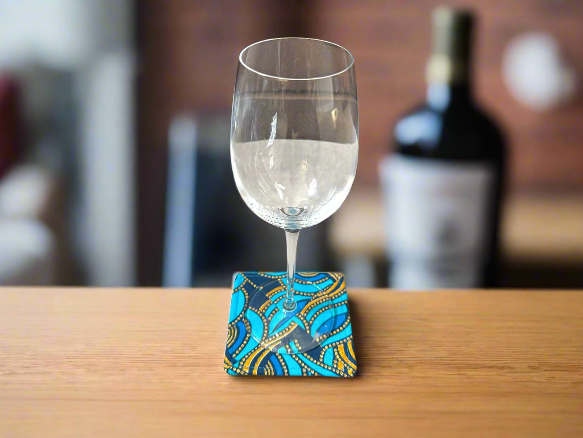 Ethnic, Fabric, Patterned, Handmade Dark Blue, Turqoiuse, and Gold Coasters - Gezia Accents