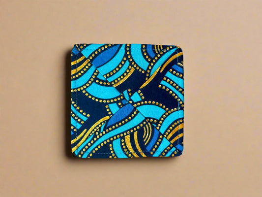 Ethnic, Fabric, Patterned, Handmade Dark Blue, Turqoiuse, and Gold Coasters - Gezia Accents