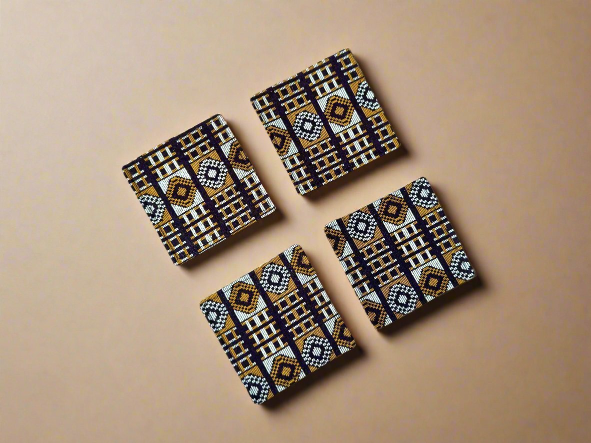 Ethnic, Fabric, Patterned, Handmade Dark Brown, Beige, and Gold Coasters - Gezia Accents