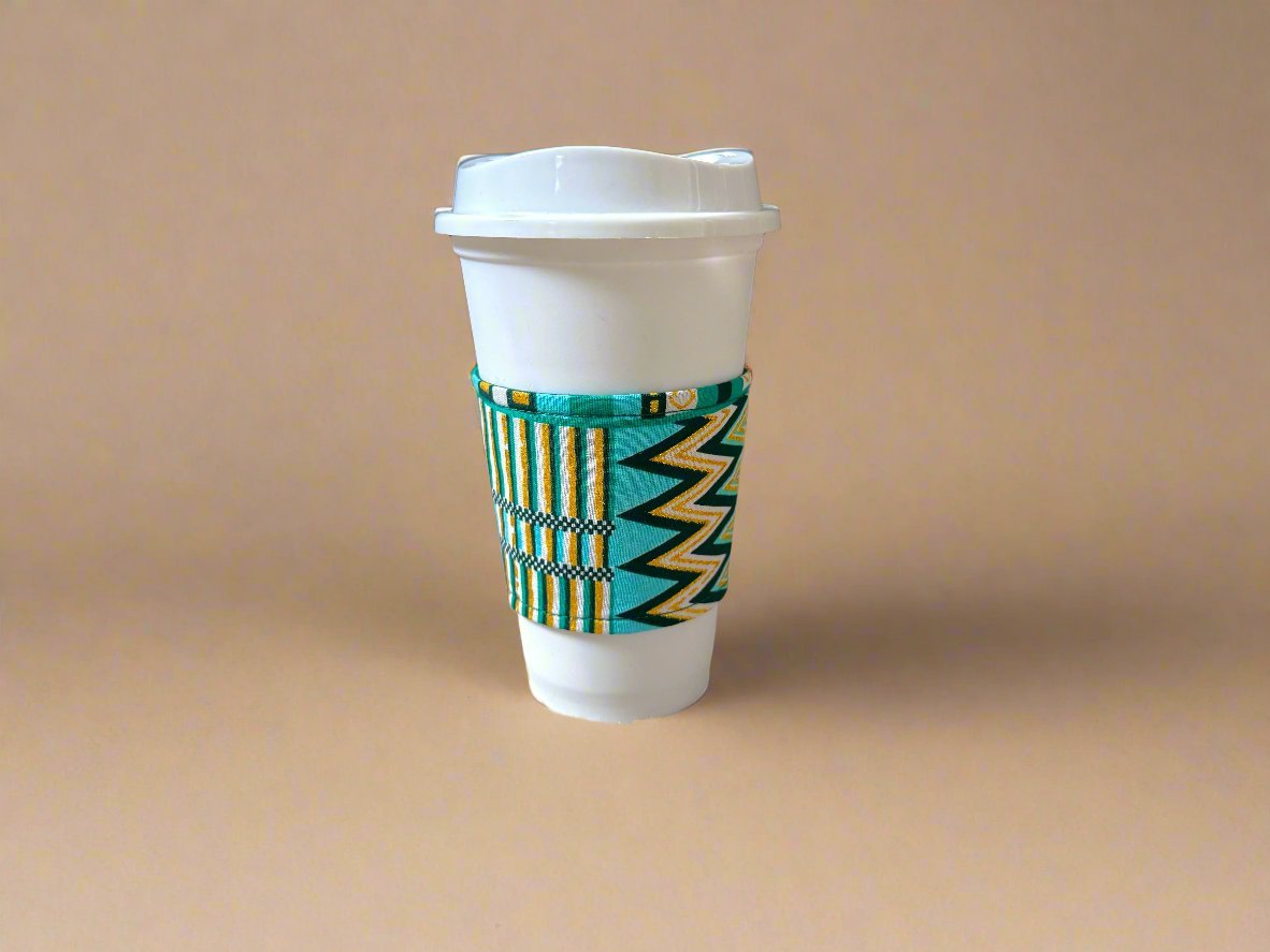 Ethnic, Fabric, Patterned, Handmade Dark Green, Green, White and Gold Cup Sleeve - Gezia Accents