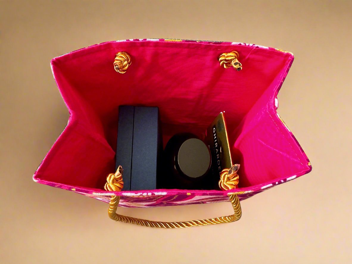 Ethnic, Fabric, Patterned, Handmade Dark Pink, Pink and Gold Extra Small Bag - Gezia Accents