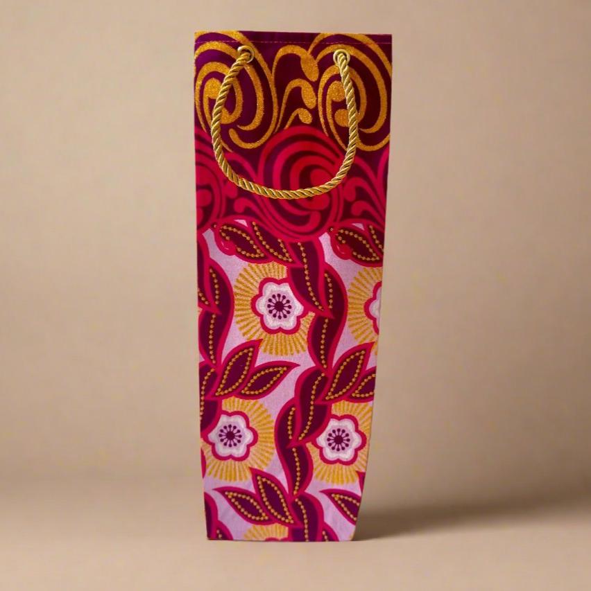 Ethnic, Fabric, Patterned, Handmade Dark Pink, Pink, and Gold Wine Gift Bag - Gezia Accents