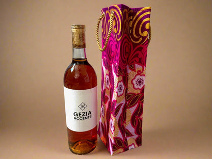 Ethnic, Fabric, Patterned, Handmade Dark Pink, Pink, and Gold Wine Gift Bag - Gezia Accents