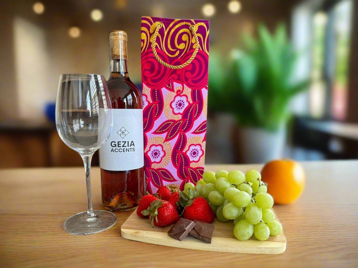 Ethnic, Fabric, Patterned, Handmade Dark Pink, Pink, and Gold Wine Gift Bag - Gezia Accents