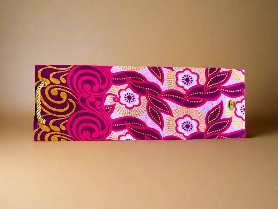 Ethnic, Fabric, Patterned, Handmade Dark Pink, Pink, and Gold Wine Gift Bag - Gezia Accents