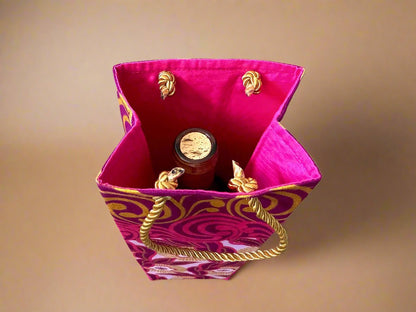 Ethnic, Fabric, Patterned, Handmade Dark Pink, Pink, and Gold Wine Gift Bag - Gezia Accents